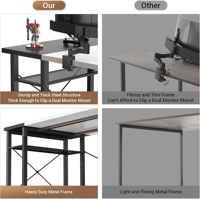 Armocity Computer Desk with LED Lights, 48 Inch Desk with Power Outlet and USB, Reversible Large Desk with Moveable Monitor Stand, 48'' Gaming PC Table for Home Office, Workstation, White and Black - Image 7