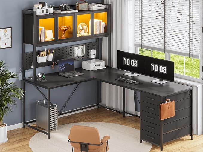 SEDETA L Shaped Gaming Corner Desk with Drawers, Hutch and Storage Shelves | Reversible Computer Desk, Gaming Desk with Pegboard, Led Lights, and Power Outlet for Home Office, Small Space, Black - Image 2