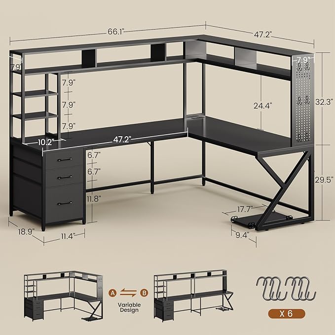 SEDETA L Shaped Gaming Desk with Storage Shelves, Hutch, Drawers | Convertible 94.5" Computer Desk with Power Outlet, LED Lights, Pegboard, Corner Gaming Table for Home Office, Black - Image 2
