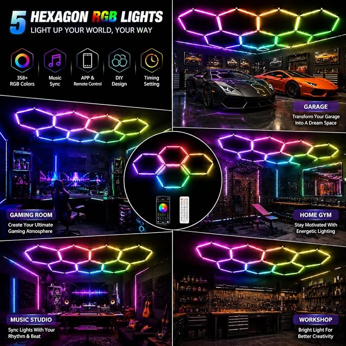 25Pack RGB Hexagon LED Garage Lights, 5 Hexagon Smart Honeycomb Lights with APP & Remote Control, Music Sync, 358 RGB Colors, Dimmable DIY Modular Lighting for Garage, Gaming Room & Car Detailing - Image 8