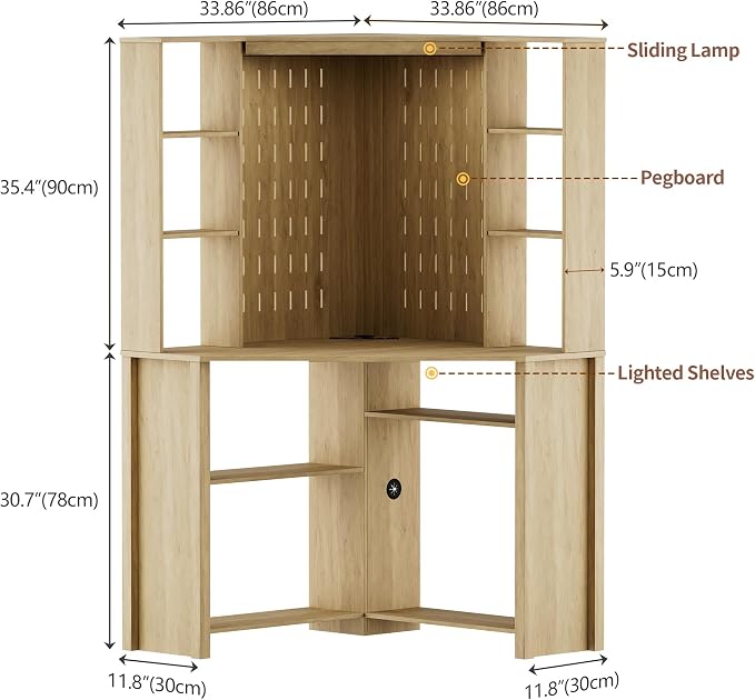 HNEBC Home Office Desk with Power Outlet & Chariging Station,L-Shaped Corner Desk with Pull-Out LED Lights,Computer Desk with Hutch & 10 Shelves,Pegboards for Work & Study,Natural - Image 2