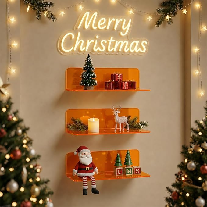 OAPRIRE Small Acrylic Floating Wall Shelves Set of 2, Flexible Use of Wall Space, 9 Inch Adhesive Display Shelf for Security Cameras/Smart Speaker/Action Figures, with Cable Clips - Clear Orange - Image 3
