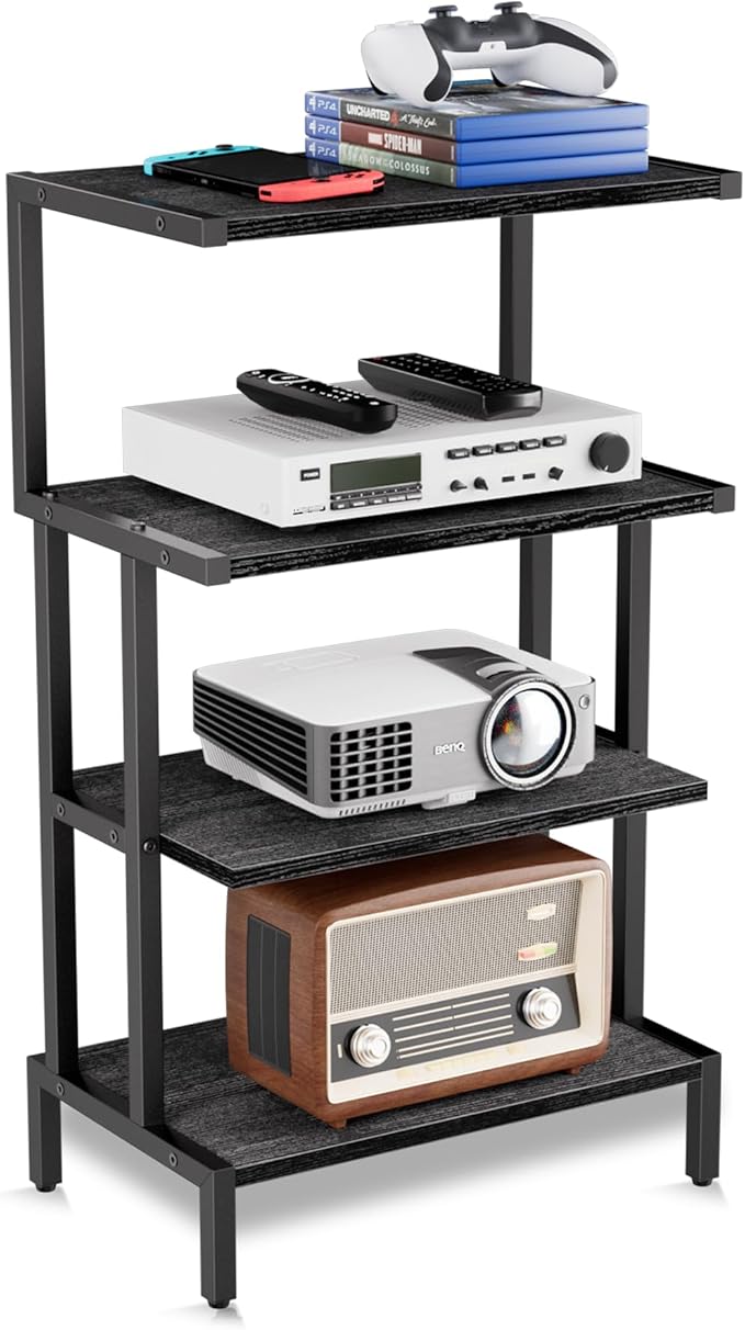 Aquzee Media Stand, Gaming Shelf, 4 Tier Small Electronics Shelves Video Game Console Organizer Cabinet, Wood Stereo Racks AV Shelves for Entertainment Center Storage, Recreation Room Furniture,Black by Aquzee