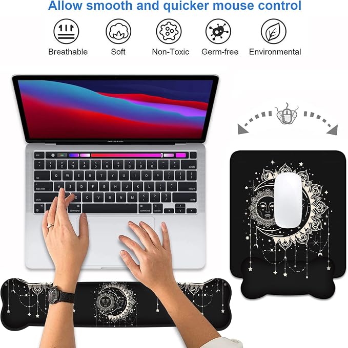 Wrist Rest Support Ergonomic Gel Mouse Pad and Memory Foam Keyboard Set, Non-Slip Rubber PU Base for Home Office Working Studying Easy Typing & Pain Relief, Celestial Theme Sun with Crescent Moon - Image 4