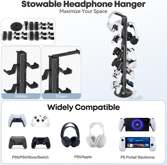 Gaming Controller & Headset Holder Stand for Desk, with Charger Cable Organizer Headphone Stand for PS5/ Xbox/ PS4/ Switch, Metal Base Controller Hook for Storage with 360° Rotatable Hanger- 6 Tiers - Image 4