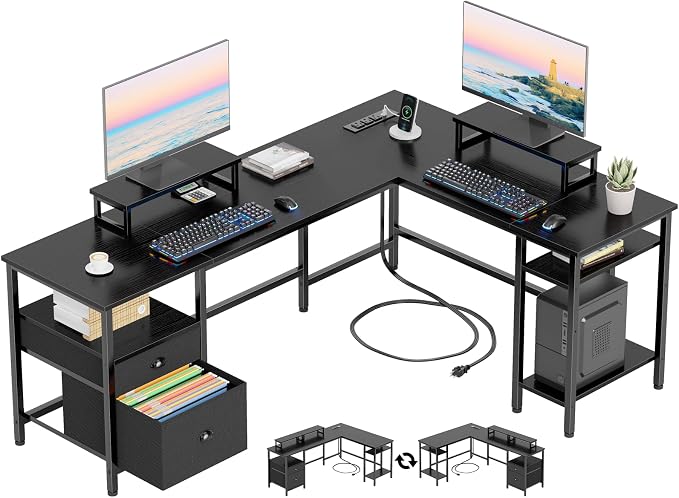 Furologee 66 Inch L Shaped Desk with 2 Drawers and Power Outlet, Black by Furologee