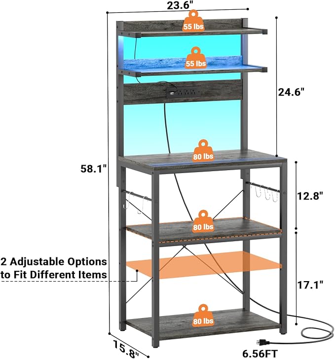 Aheaplus Bakers Rack with Power Outlet & RGB LED, 5-Tiers Coffee Bar Table - Image 7