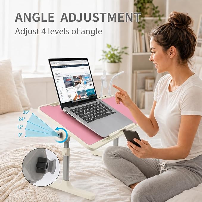 Laptop Desk for Bed, Height & Angle Adjustable Lap Desk with USB Cooling Fan, LED Light and USB Ports, Foldable Portable Laptop Table for Couch, Sofa, Floor, Reading, Writing (Pink) - Image 4
