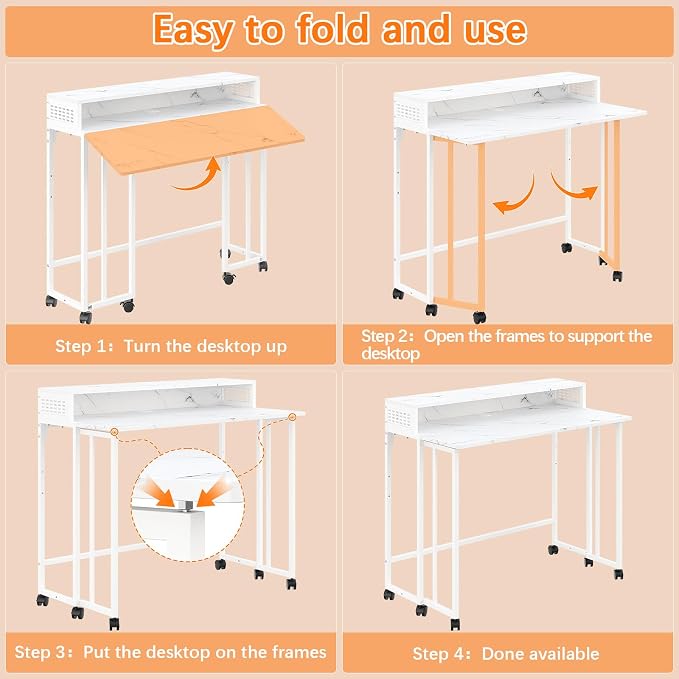 39.4" Folding Desk with Storage Shelf, Small Rolling Desk,White Marble - Image 6