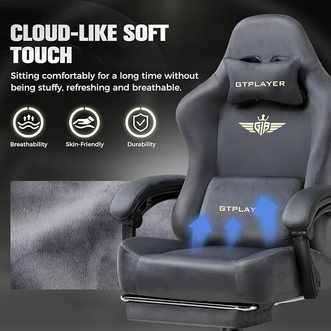 GTPLAYER Big and Tall Gaming Chair 400lbs Heavy Duty Office Chair with Foot Rest, High Back Pocket Spring Ergonomic Computer Chair for Adults,Wide Comfy Seated Cushion with Linkage Armrests,Light Grey - Image 3