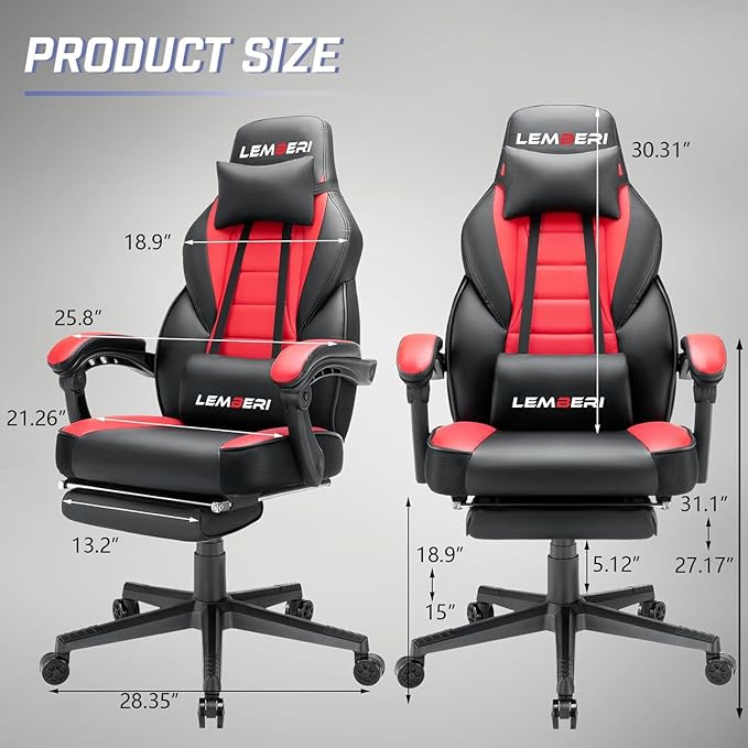 LEMBERI Big and Tall Gaming Chair, 400lb Capacity, Red | Heavy-duty steel frame, wide seat & high back, PU leather, reinforced footrest, linkage armrests for PC desk & office - Image 3