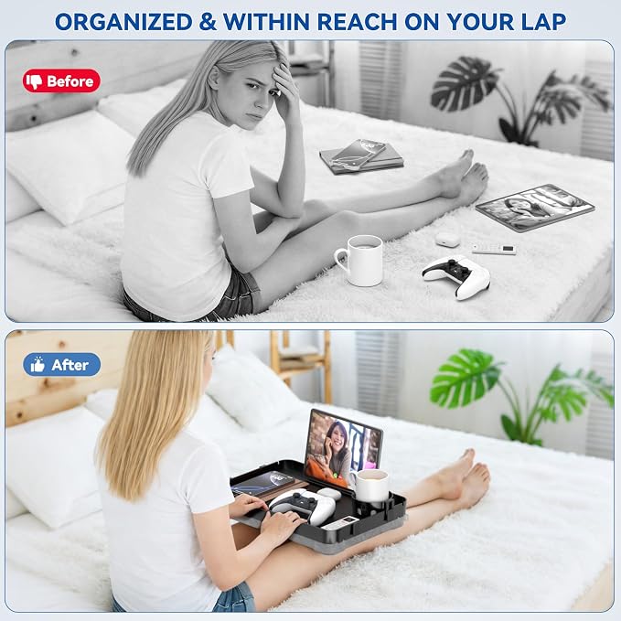 Lap Tray with Cushion Plastic Lap Desk with Cushion 15.5”Large Breakfast in Bed Tray with Removable Cushion & Cup/Phone Holder, Lap Table with Laptop Pocket for Couch TV Adults Eating Gaming Black - Image 4