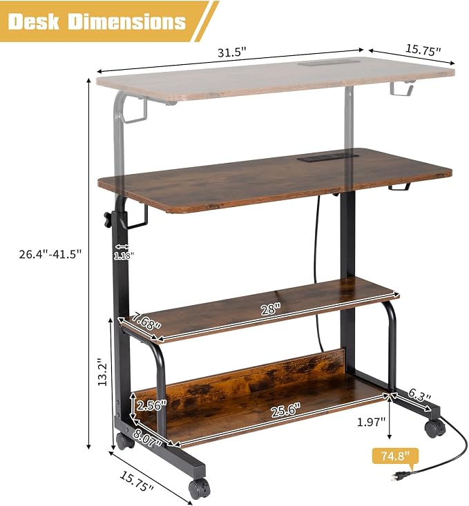 Karl home 31.5" Portable Rolling Computer Desk on Wheels, Rustic Brown - Image 3