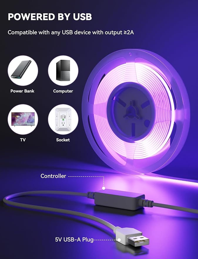 MIWISE 5V USB RGB COB LED Strip Light,9.84ft/3m Tape Lights,RF & App Control,Music Sync,Ultra Bright Color Changing Lighting,UL-Listed,Cuttable & Flexible for Bedroom,Kitchen,Desk,Party,Home Decor - Image 3