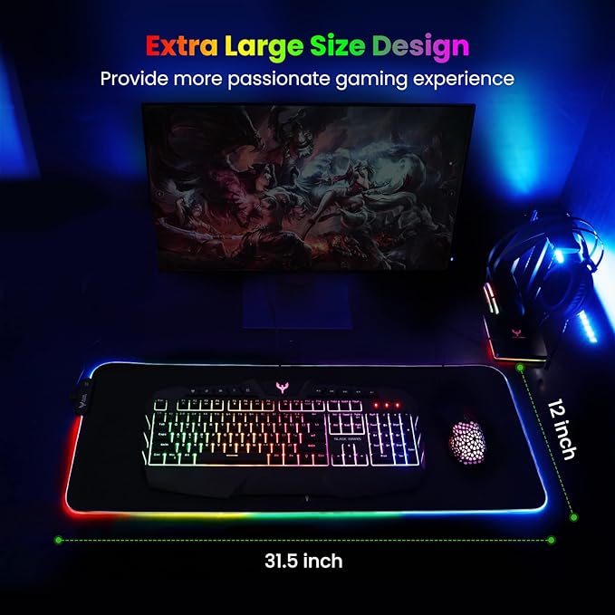 BladeHawks RGB Gaming Mouse Pad Extra Large Extended 31.5x12 Inch-Black | LED mouse pad with 14 lighting modes, covers keyboard & mouse, anti-slip rubber base, waterproof surface, USB powered - Image 6
