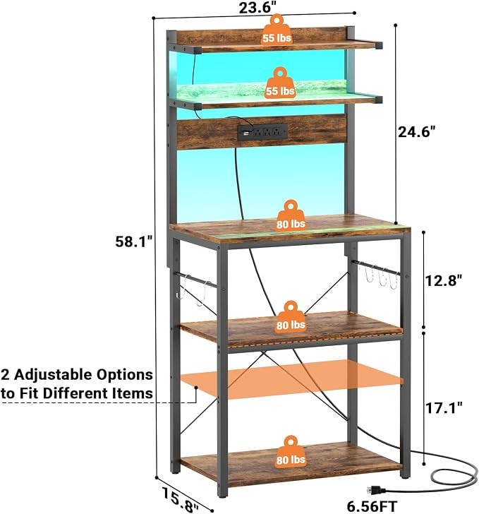 Aheaplus Bakers Rack with Power Outlet & RGB LED,5-Tiers Coffee Bar Table - Image 7