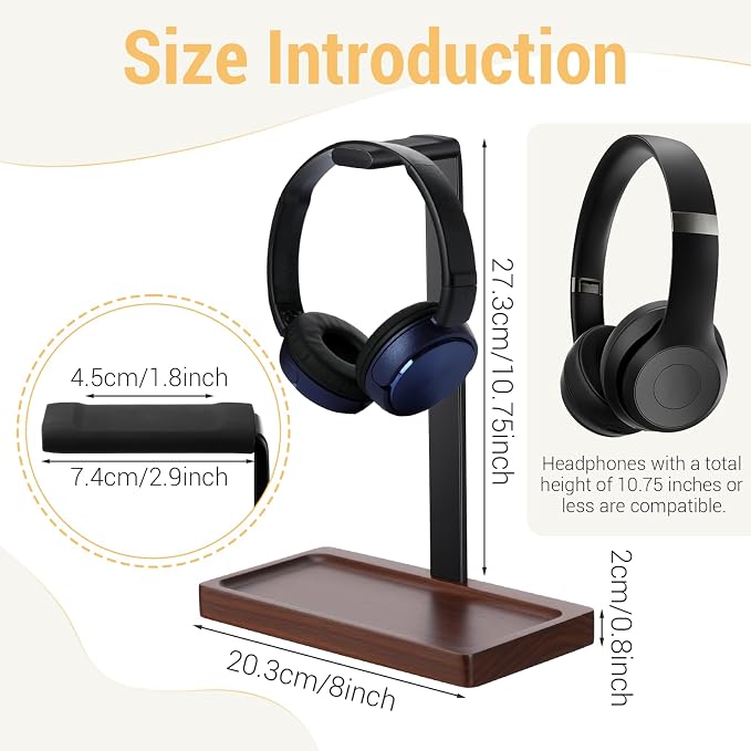 Wood Headphone Stand, Walnut Headset Stand for Desk, Universal Headphone Holder with Storage Base for Gaming, Music Headsets(Dark Brown) - Image 2