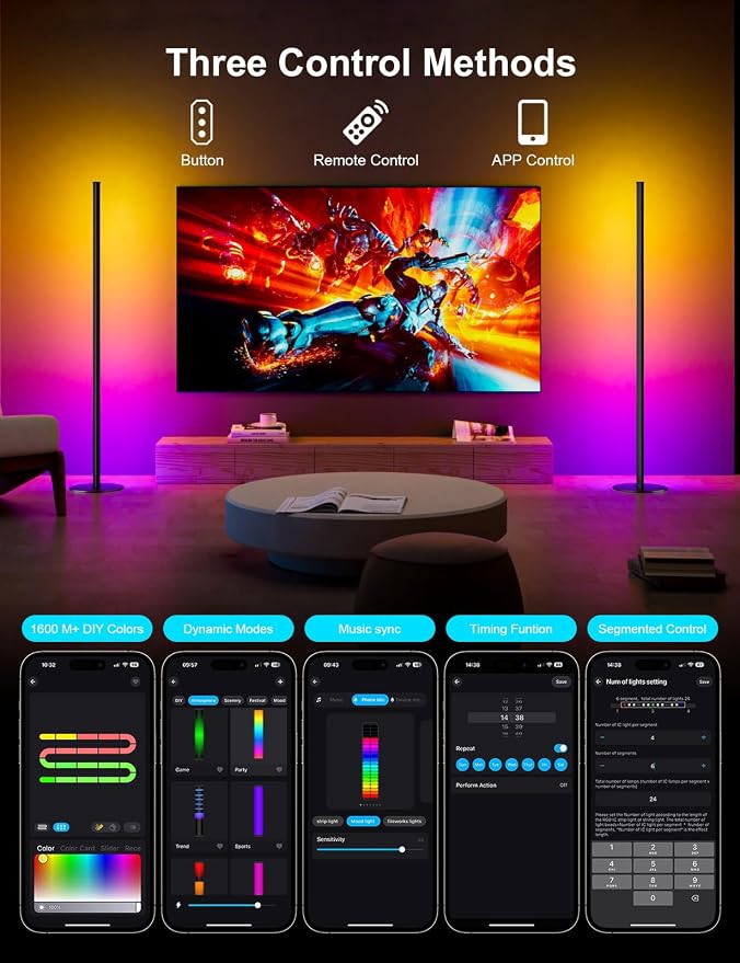 Corner Floor Lamp, 55" LED Corner Lamp, APP and Remote Control, 16 Million Colors and Warm White, Music Sync, Timing Function, Color Changing Ambient Light for Living Room Bedroom Gaming - Image 4