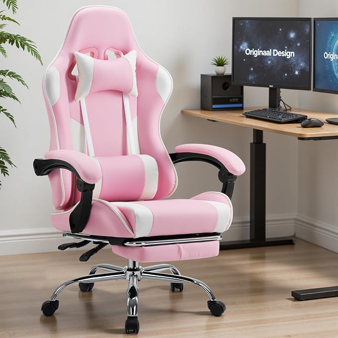 DUMOS Ergonomic Gaming Chair with Footrest, Home Office Desk Chair | PU Leather, Headrest, Linkage Armrests, Height Adjustable, 360 Swivel Reclining, Pink White - Image 8