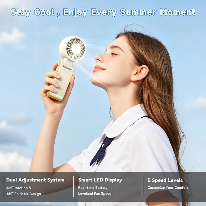 Handheld Portable Turbo Fan with Ice Cooling,5 Speed Rechargeable LED Display Foldable Hand Held Personal Clip/Neck/Waist Fan,180°& 360° Adjustable,Pocket Mini Fan for Outdoor/Home/Office (Khaki) - Image 6