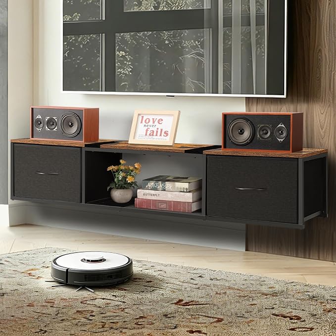 Floating TV Stand with Power Outlet, Wall Mounted Entertainment Center with Drawers, Rustic Brown Industrial Media Console Shelf for Living Room, Bedroom（Brown） by Unknown
