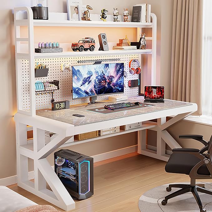 Gaming Desk with Pegboard and Storage Shelves,Tempered Glass Computer Desk Workspace,Modern Writing Study Table Gaming Table with Metal Frame for Home Office(120x60x165cm(47x24x65inch), I) by Unknown