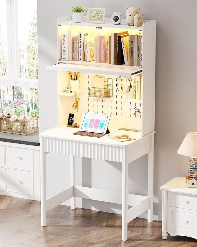 HNEBC White Computer Desk - with Power Outlets & Chariging Station,Small Writing Desk with Hutch and Drawers,66.3''H Office Desk with Pull-Out LED Lights,Pop-up Glass Door,Pegboards,Bedroom by HNEBC