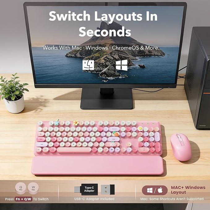 Wireless Keyboard and Mouse Combo, Retro Typewriter Style Keyboard with Round Keycaps, Magnetic Wrist Rest, Full-Size 2.4GHz Cordless for Mac, Windows PC, Laptop, SABLUTE CK23, Cotton Candy Pink - Image 9