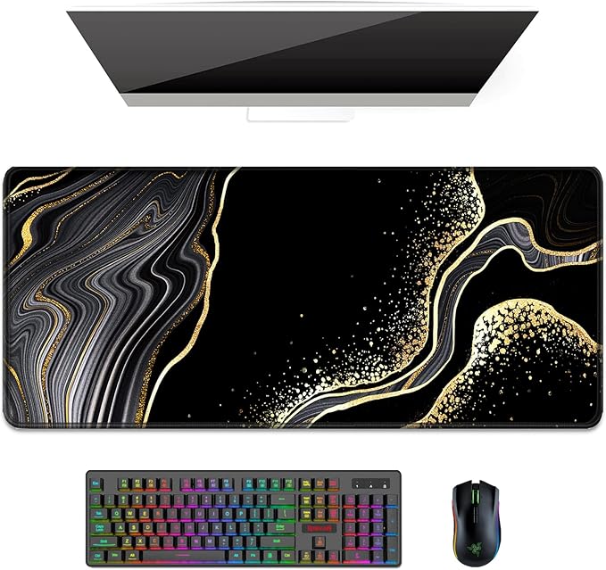 Auhoahsil Desk Pad, XL Extended Large Gaming Mouse Pad 31.5 x 11.8 Inch, Waterproof Mousepad with Stitched Edges, Non-Slip Computer Keyboard Laptop Mat for Women Men Office Work, Black Gold River by Auhoahsil