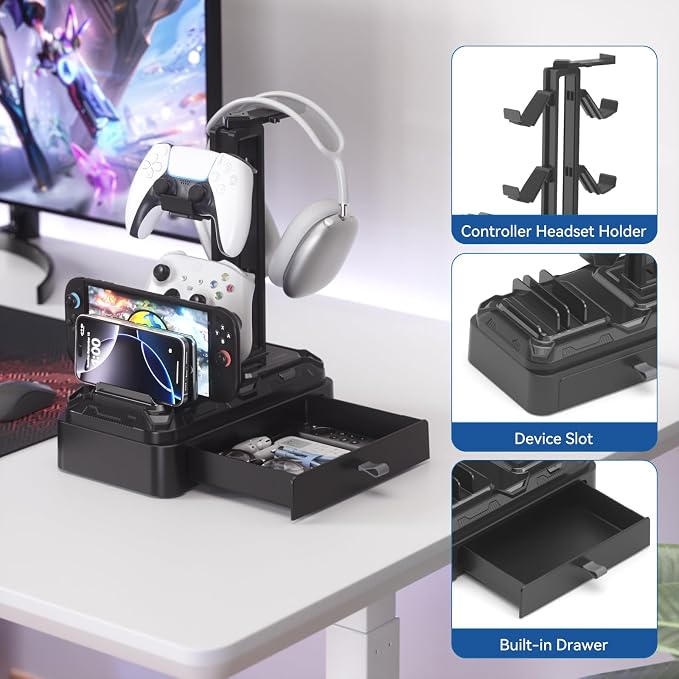KDD Headphone Stand with Drawer - Rotatable Headset & Detachable Controller Holder for Desk - Multifunctional Organizer with Device Slot for Phones, Tablets - Universal for Gaming Accessories - Image 5