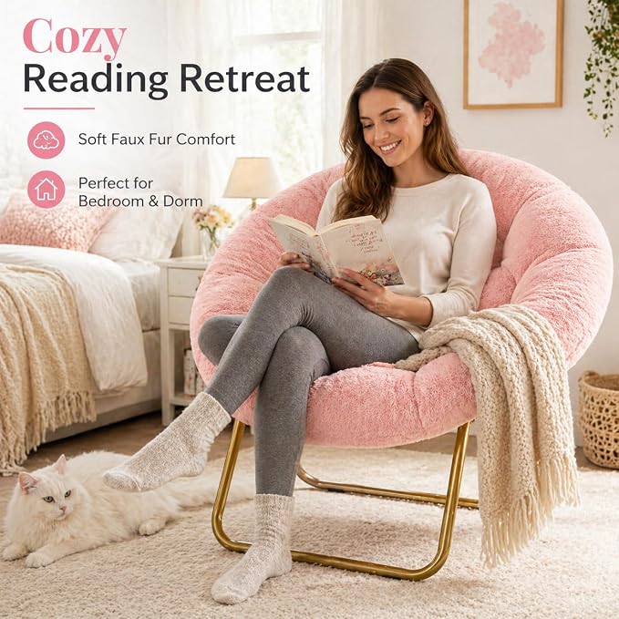 Simple Deluxe Comfy Chairs for Bedroom, Faux Fur Saucer Chair for Adults, Oversized Comfy Soft Saucer Chair, Padded Lazy Chair for Living Room Dorm Rooms, Pink - Image 3