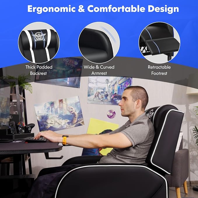 GYMAX Gaming Recliner, Massage Gaming Chair with Adjustable Backrest Footrest, Remote Control & Side Pocket, Ergonomic Game Lounge Chair, Racing Style Single Theater Seat Game Sofa for Adults (White) - Image 6