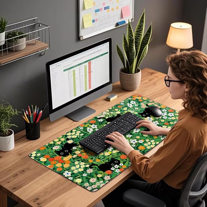 Cute Flower Cat Large Gaming Mouse Pad Desk Mat 31.5"x15.7" | Extended Mousepad, Non-Slip Rubber Base , Stitched Edges, for Computer/Laptop/Office/Home - Image 2
