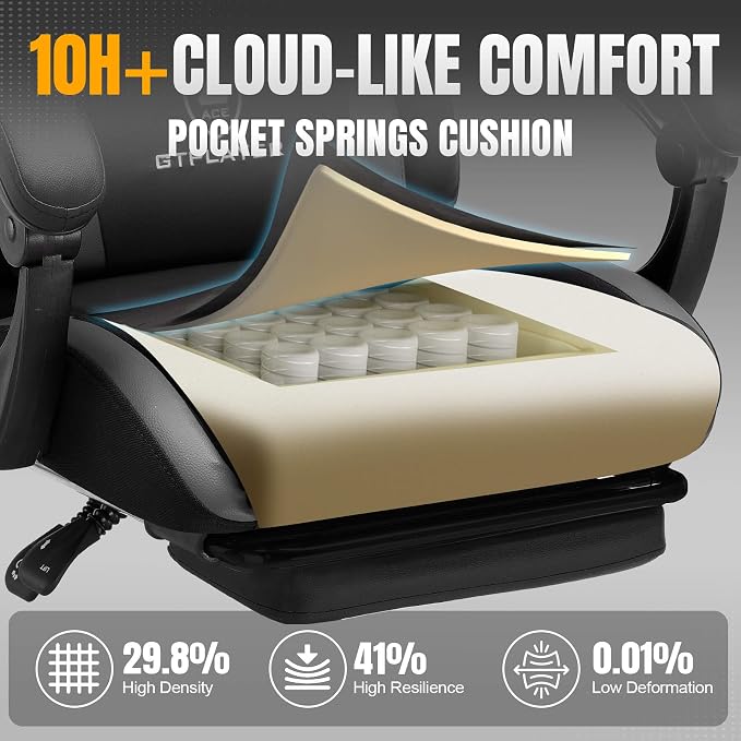 GTPLAYER Gaming Chair with Pocket Spring Cushion, Leather Office Chair with Ergonomic High Back & Lumbar Support for Back Pain Relief, Computer Game Chair for Adults, Gray - Image 4