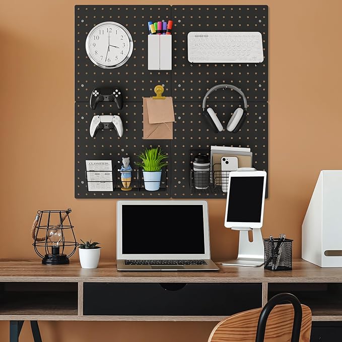FZK Modular Plastic Peg Board Wall Organizer Kit, 12x12, Black | Includes 26 hooks and 6 bins, adhesive or drill mounting, ideal for office, craft room, kitchen - Image 6