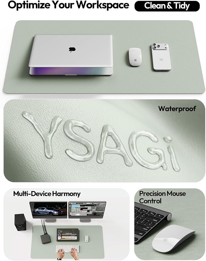 YSAGi Leather Desk Protector, Office Mat, Large Mouse Mat, Non-Slip PU Leather Blotter, Laptop Pad, Waterproof Writing Pad for Office and Home (Grayish Green, 23.6" x 13.8") - Image 8
