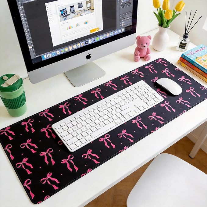 Large Gaming Mouse Pad 31.5 x 11.8in Desk Mat for Office Mousepad Anti-Skid Rubber Base Soft Comfortable and Durable Desk Pad (Black Bow) - Image 5