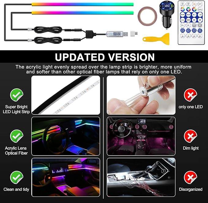 Dreamcolor Acrylic Interior Car LED Strip Light with USB/Type C/4-Port Cigarette Lighter, RGB 2 in 1 with 59.04 inches LEDs Ambient Lighting Kits, Sound Active Function Neon Led Strips for Car - Image 5