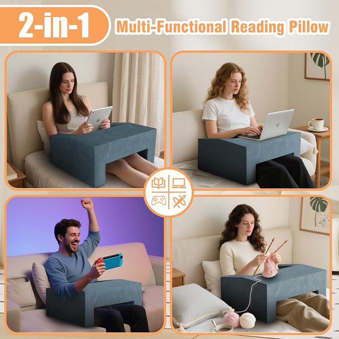 Reading Pillow for Adults, Supportive Lap Desk & Gaming Pillow for Bed, Couch, Floor, Simple Design with Ergonomic Arm Rest for Reading, Working, Gaming, Knitting 4 Color Options (Navy) - Image 6