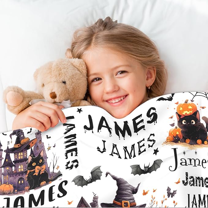 Ship Next Day, Custom Halloween Blanket - Printed in USA, Personalized Baby Blankets with Name, Gift for Kids Girls Boys, Unique Present for Birthday, Christmas, Halloween Bats Toddler Blanket - Image 3