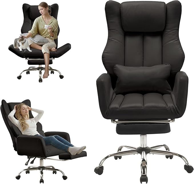 JOMEED Cross Legged Office Chair with Footrest,Flip Armrest,Black | Big and Tall Executive,Ergonomic Design with Lumbar Pillow, 155° Reclining, PU Leather Wide Desk Chair for Home and Office by JOMEED