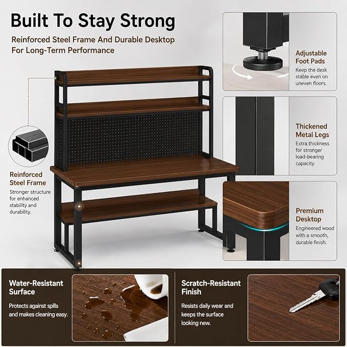Computer Desk with Power Outlet & LED Lights | 31 inch Gaming Desk with Hutch & Pegboard, Home Office Desk with Storage Shelves for Bedroom, Study(Brown,31inch) - Image 5