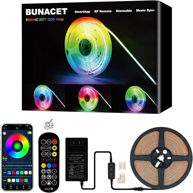 20FT LED Strip Lights COB Smart IC, 24V Color Changing RGB LED Lights by BUNACET