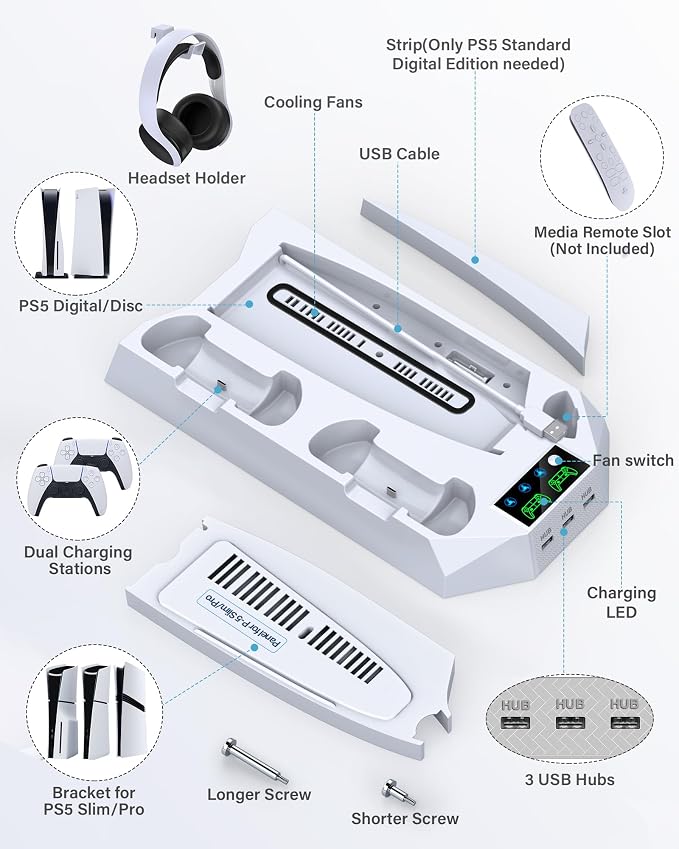 PS5/PS5 Slim/PS5 Pro Stand and Cooling Station with Dual Controller Charging Station for PlayStation 5 Console, PS5 Accessories Incl. Controller Charger, Cooling Fan, Headset Holder, 3 USB Hub, White - Image 7