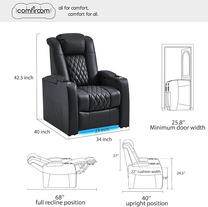 comfiroom Top-Grain Leather Home Theater Seating, Dual-Motor Power Recliner - Image 3