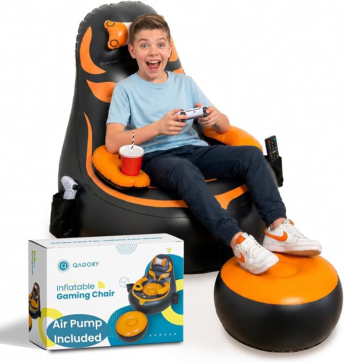 Inflatable Gaming Chair for Kids – Supports Up to 300 lbs, Includes Air Pump, Cup Holder, 2 Pockets – Durable Bean Bag Seat, Comfy Kids Gaming Chair & Top Gamer Chairs for Kid Room by Qadory