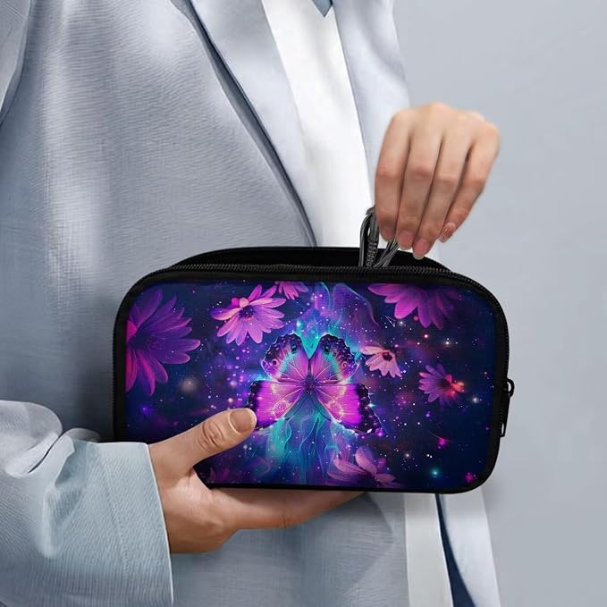 Purple Floral Butterfly Print Electronic Organizer Travel Universal Accessories Storage Bag Portable for Hard Drives, Cables, Memory Sticks, Charger, Phone, USB, SD Cards - Image 4