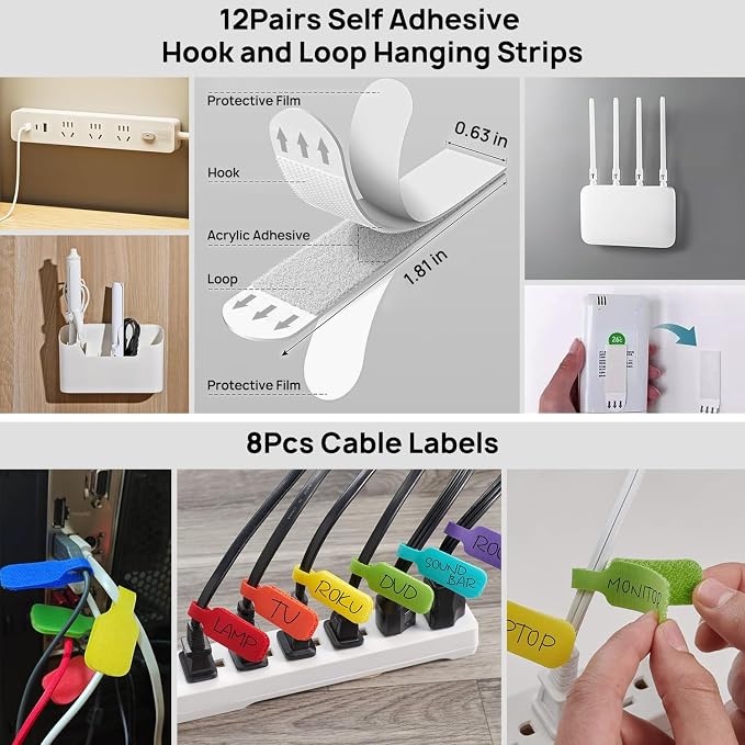 193 PCS Cable Management Kit - 4 Cable Sleeve, 57 Self Adhesive Cable Clips, 12 Hanging Strips, 12 Cable Organizer Straps and 100 Fastening Cable Ties for TV Computer Under Desk (White) - Image 5