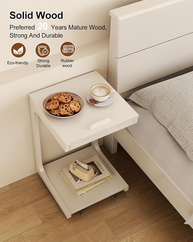 AQIMUELE Wooden C-Shaped End Table,Couch Table with Adjustable Desktop,Small Rolling Side Table with 2 Lockable Wheels,Small End Table for Couch, Living Room,Bedroom (White) - Image 4