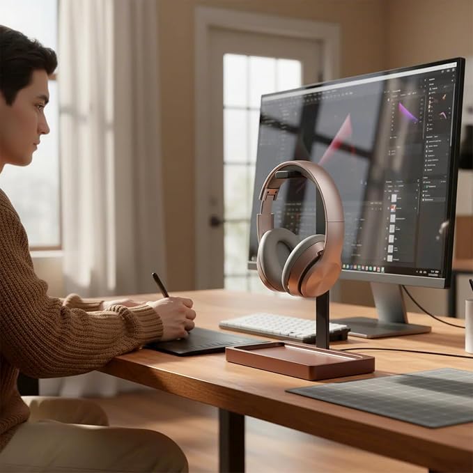 Wood Headphone Stand, Walnut Headset Stand for Desk, Universal Headphone Holder with Storage Base for Gaming, Music Headsets(Dark Brown) - Image 7